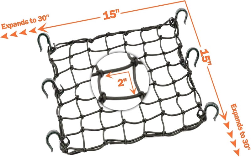 Thewinio Cargo Net 15"x15" Stretches to 30"x30" with Thicken Hooks | Natural Latex Core, Tight 2”x2” Mesh Small Heavy Duty Bungee Net for Motorcycle Helmet, Bike, ATV, UTV, Luggage (Black, 1 Pack) - Image 3